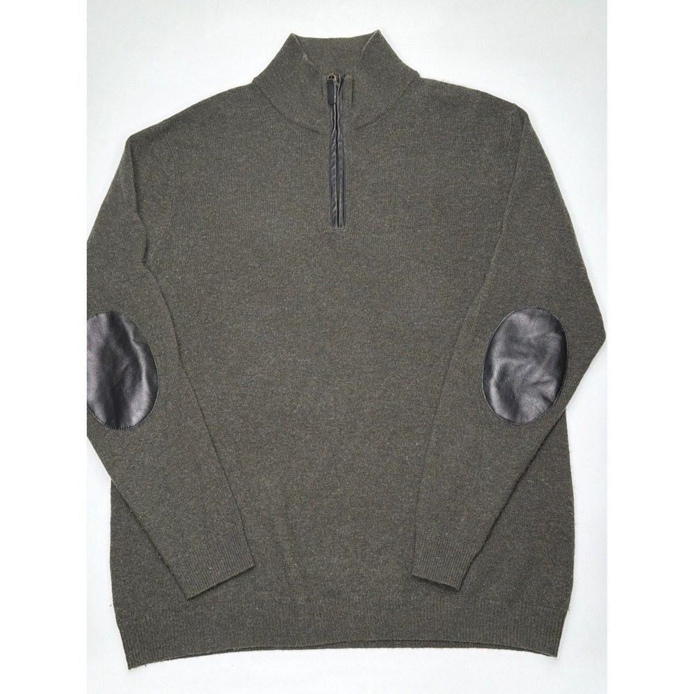 Autumn Cashmere Mens Olive Green 100% Cashmere Quarter Zip Leather Elbow Patch L